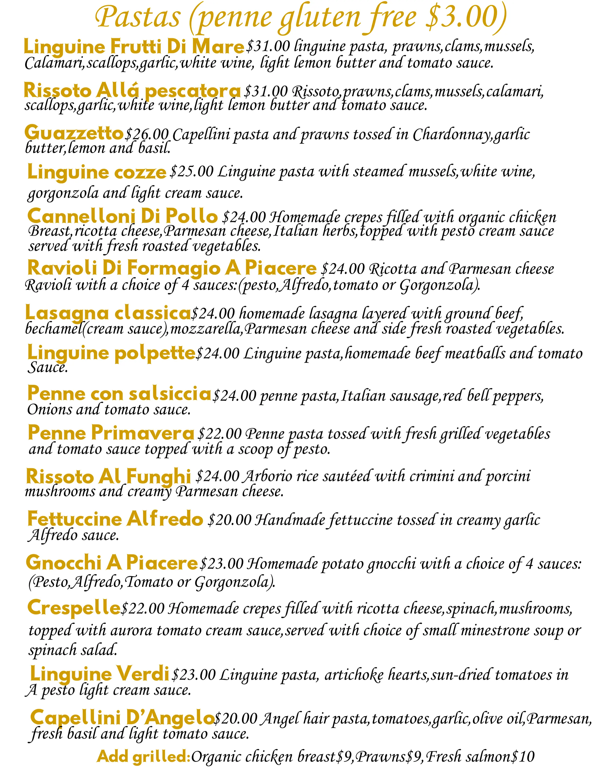 Ristorante D'Angelo's Italian Kitchen Dinner Menu #2.